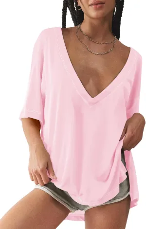 Tankaneo Womens Oversized Tshirts Deep V Neck Short Sleeve Tops Summer Casual Loose Fit Side Slit Tunic Shirts