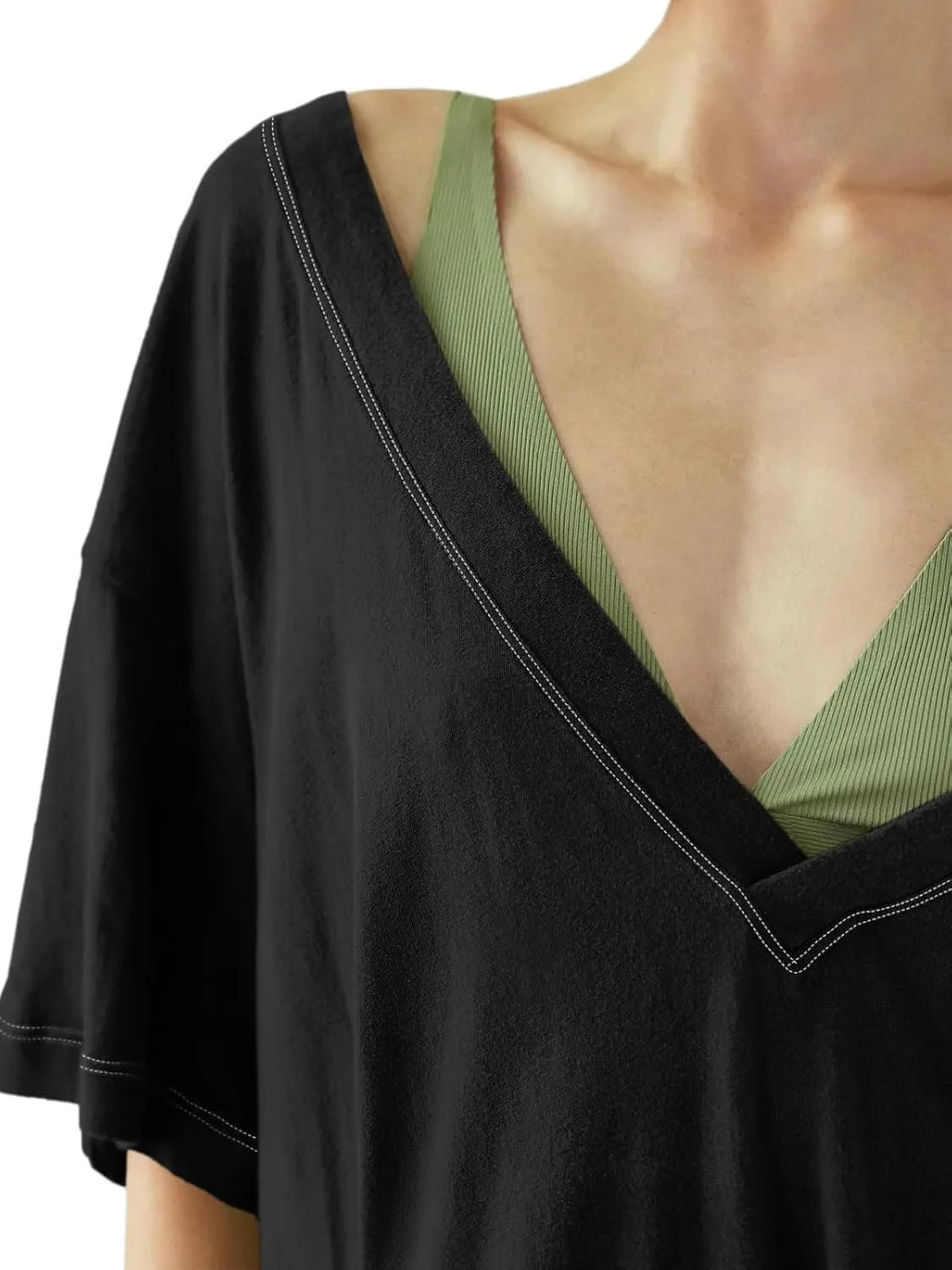 Tankaneo Womens Oversized Tshirts Deep V Neck Short Sleeve Tops Summer Casual Loose Fit Side Slit Tunic Shirts