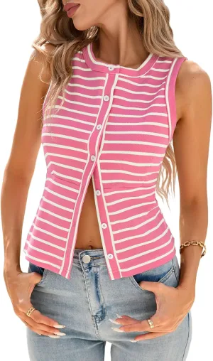 Tankaneo Womens Striped Trendy Vest Button Down Slim Fit Tank Tops Y2k Going Out Sleeveless Cropped T Shirts