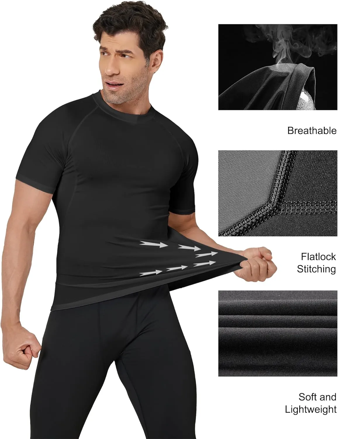 TELALEO 6 Pack Men's Compression Shirt Short Sleeve Athletic Baselayer Sports T Shirts Workout Tops for Men Black White