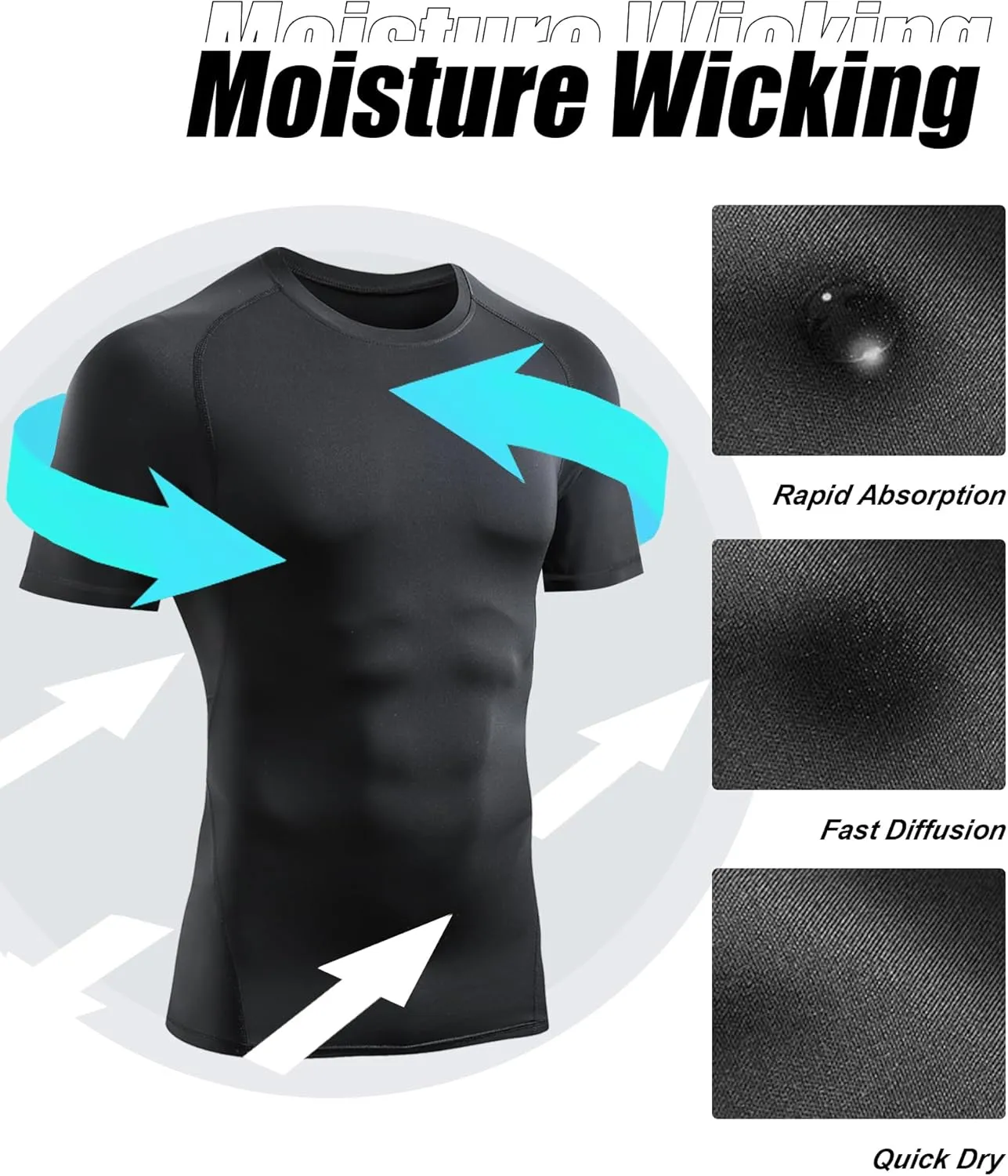 TELALEO 6 Pack Men's Compression Shirt Short Sleeve Athletic Baselayer Sports T Shirts Workout Tops for Men Black White