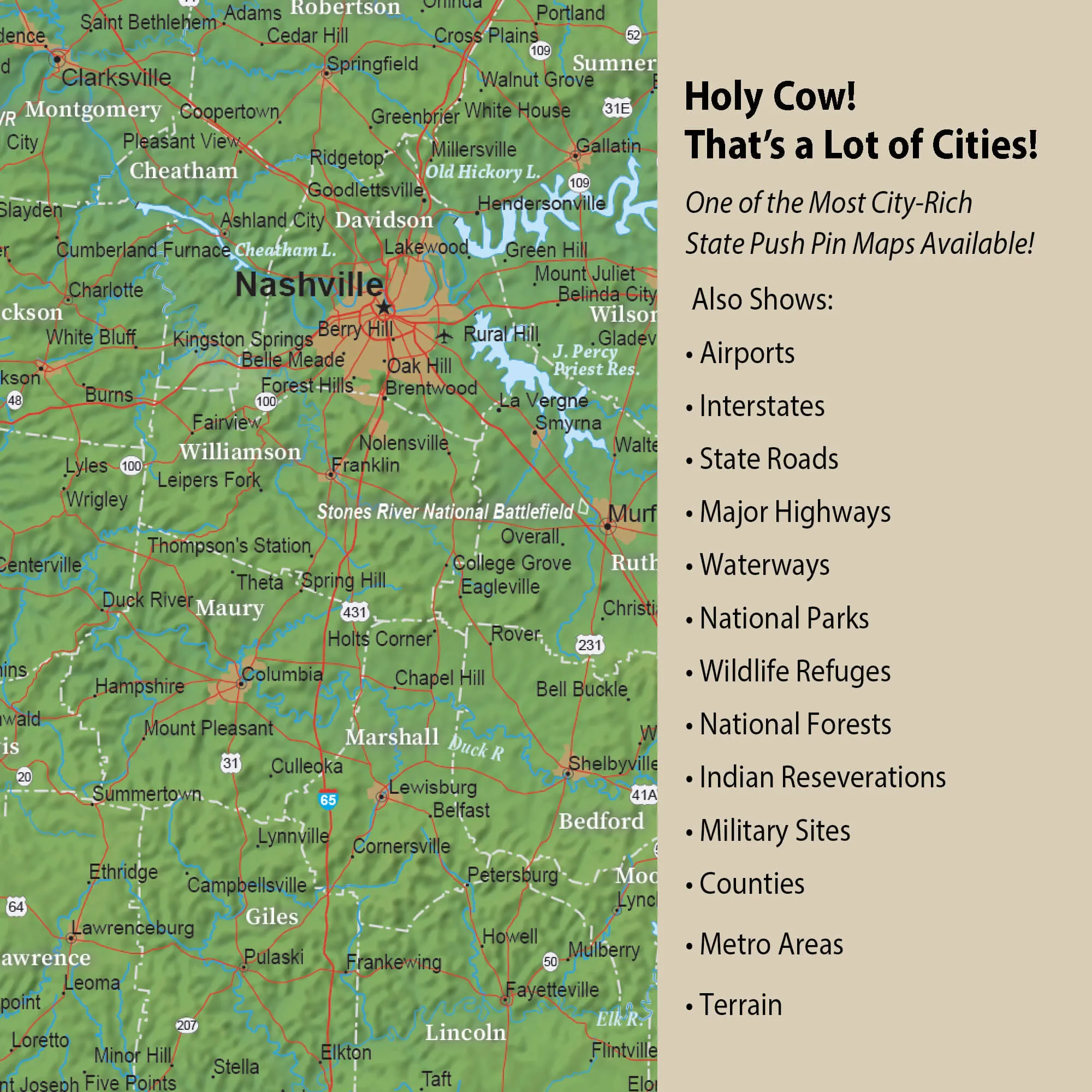 Tennessee Push Pin Terrain Map