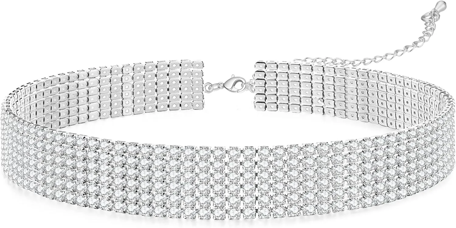 Tennis Necklace Synthetic Diamond Chain Sparkly Silver Choker Necklaces for Women