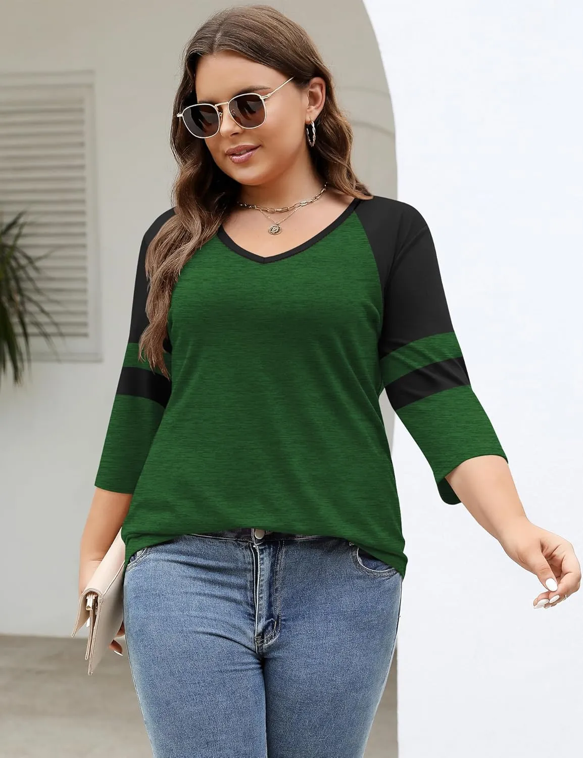 TFSDOD Womens Plus Size Tops V Neck T Shirts 3/4 Sleeve Blouse Summer Casual Tees XL-5X