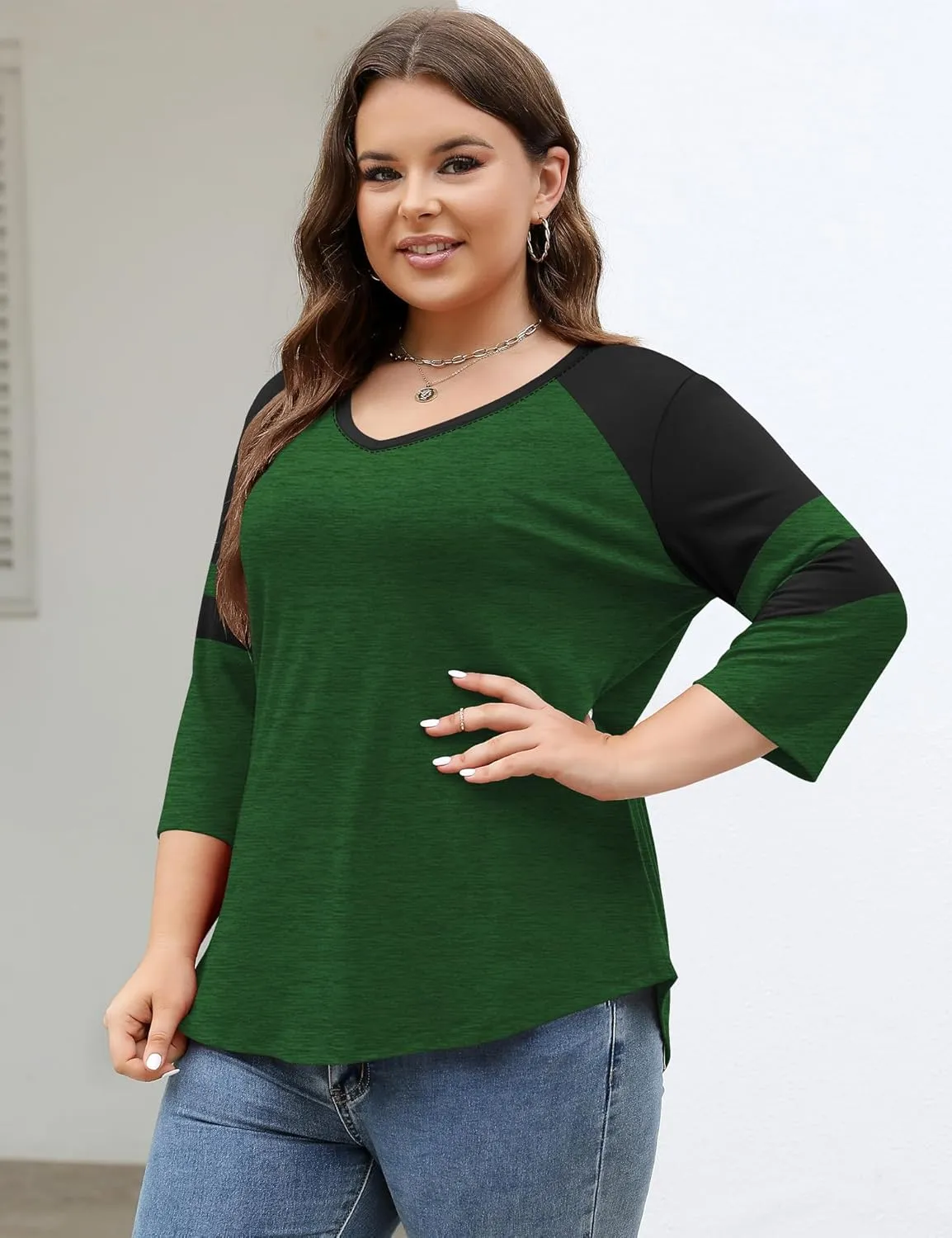 TFSDOD Womens Plus Size Tops V Neck T Shirts 3/4 Sleeve Blouse Summer Casual Tees XL-5X