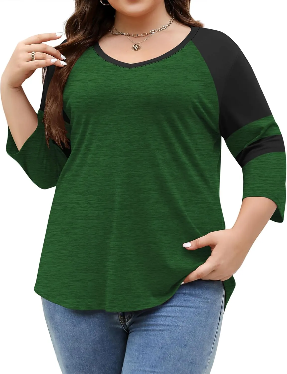 TFSDOD Womens Plus Size Tops V Neck T Shirts 3/4 Sleeve Blouse Summer Casual Tees XL-5X