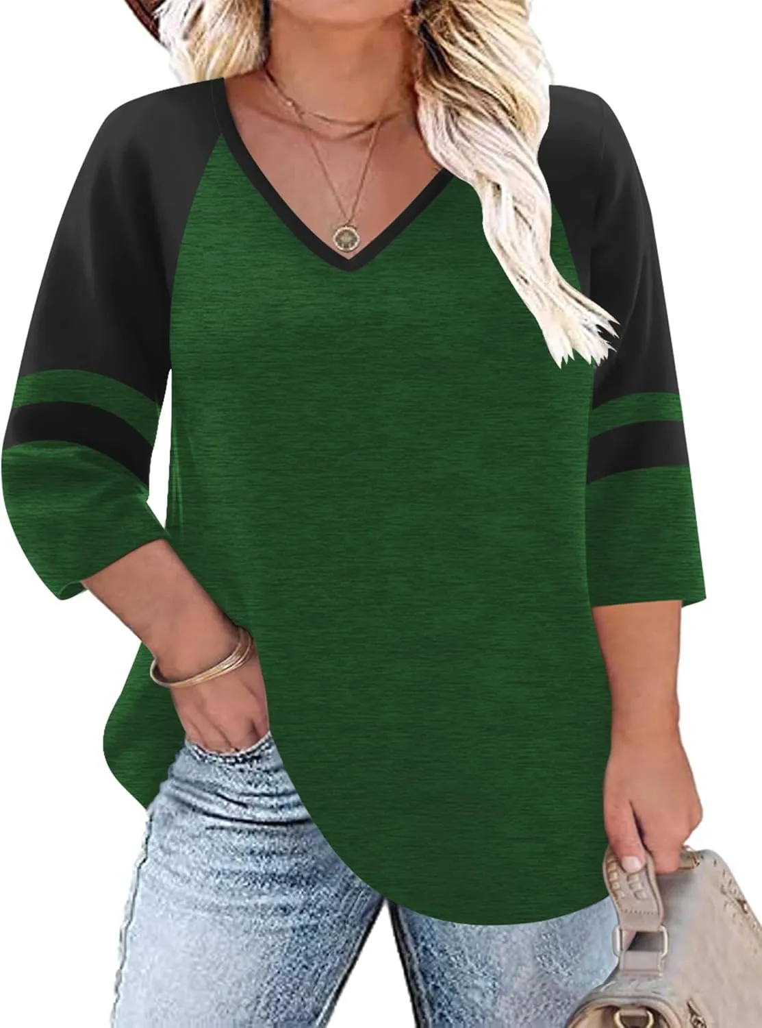 TFSDOD Womens Plus Size Tops V Neck T Shirts 3/4 Sleeve Blouse Summer Casual Tees XL-5X