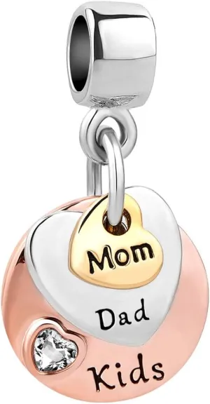Three-tone Mom Dad Daughter Son Dangle Plate Charm fits Pandora Charms Moments Bracelets Gold Silver Rose Gold Heart Cubic Zirconia