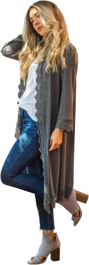 Tickled Teal Women's 3/4 Sleeve Lace Trim Casual Wrap Cardigan Coverup Outerwear Sweater