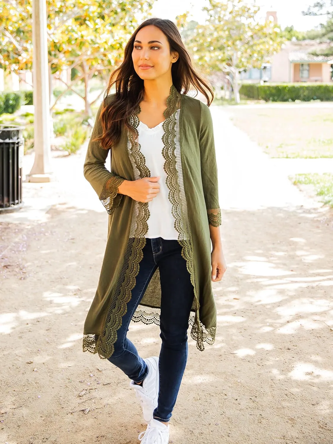 Tickled Teal Women's 3/4 Sleeve Lace Trim Casual Wrap Cardigan Coverup Outerwear Sweater