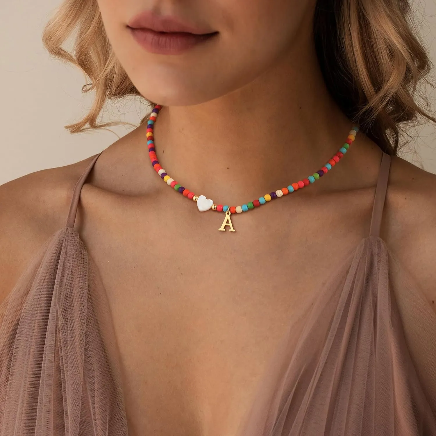 TOBENY Dainty Initial Necklaces for Women Colorful Beaded Necklaces Handmade Personalized A-Z Gifts Trendy Stuff 14K Gold Plated Bohemian Letter Choker Necklace with Heart Shaped Shells Jewelry Gift