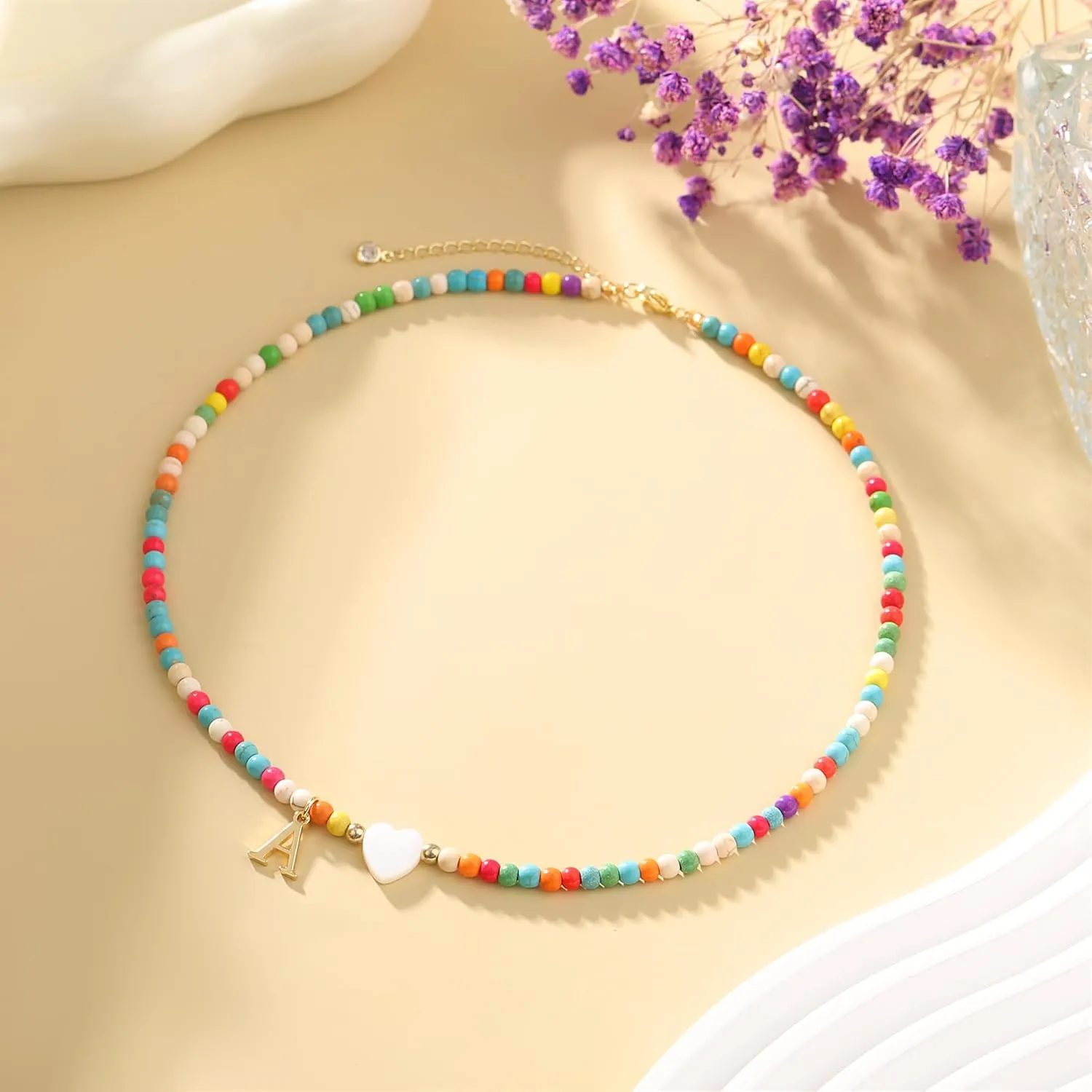 TOBENY Dainty Initial Necklaces for Women Colorful Beaded Necklaces Handmade Personalized A-Z Gifts Trendy Stuff 14K Gold Plated Bohemian Letter Choker Necklace with Heart Shaped Shells Jewelry Gift