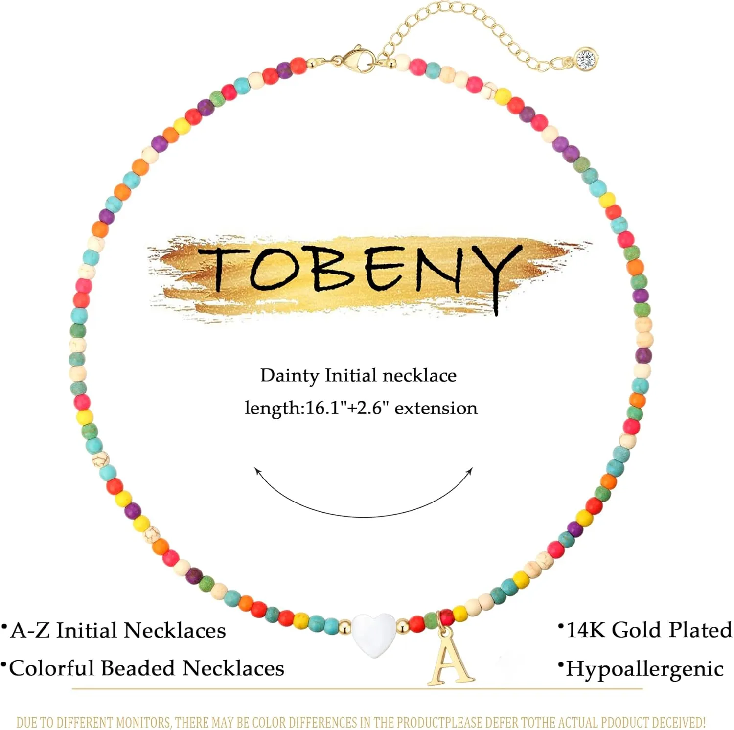 TOBENY Dainty Initial Necklaces for Women Colorful Beaded Necklaces Handmade Personalized A-Z Gifts Trendy Stuff 14K Gold Plated Bohemian Letter Choker Necklace with Heart Shaped Shells Jewelry Gift