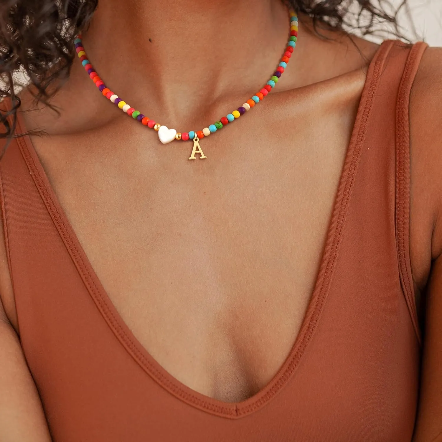 TOBENY Dainty Initial Necklaces for Women Colorful Beaded Necklaces Handmade Personalized A-Z Gifts Trendy Stuff 14K Gold Plated Bohemian Letter Choker Necklace with Heart Shaped Shells Jewelry Gift