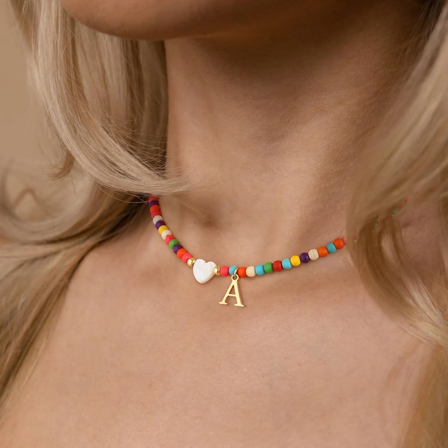 TOBENY Dainty Initial Necklaces for Women Colorful Beaded Necklaces Handmade Personalized A-Z Gifts Trendy Stuff 14K Gold Plated Bohemian Letter Choker Necklace with Heart Shaped Shells Jewelry Gift