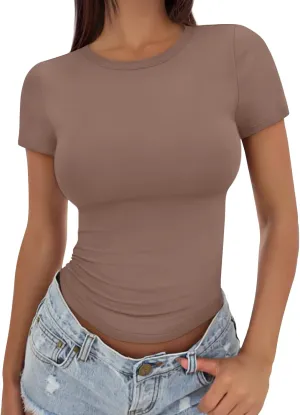 Trendy Queen Womens Basic T Shirts Summer Tops 2025 Crop Short Sleeve Slim Fit Tee Cute Gym Workout Clothes