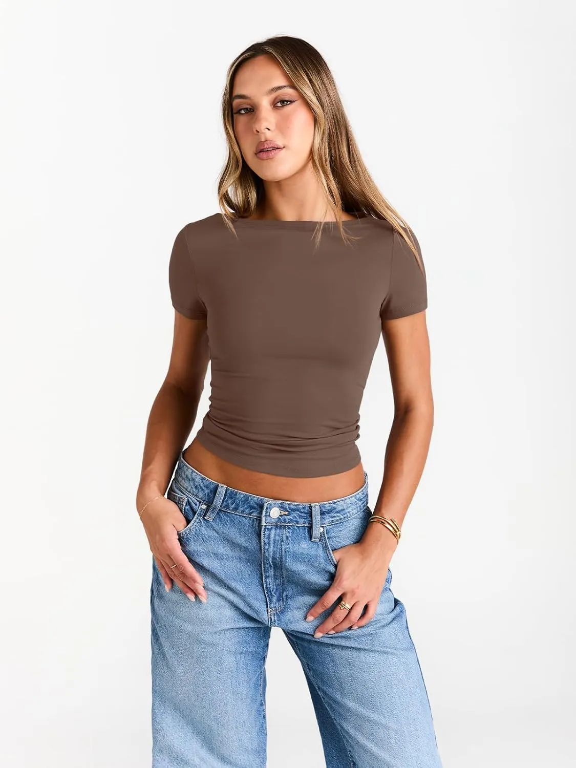 Trendy Queen Womens Boat Neck Tops Short Sleeve T-Shirts Slim Fitted Compression Summer Y2k Basic Clothes 2025