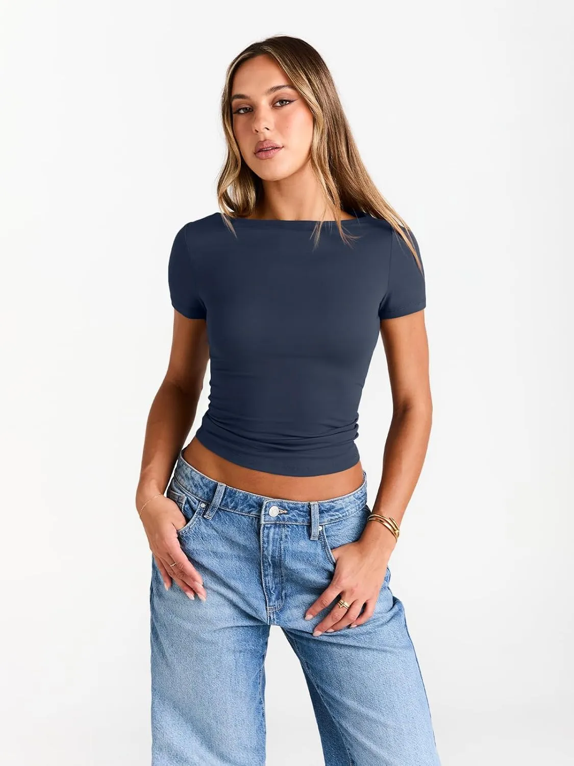 Trendy Queen Womens Boat Neck Tops Short Sleeve T-Shirts Slim Fitted Compression Summer Y2k Basic Clothes 2025