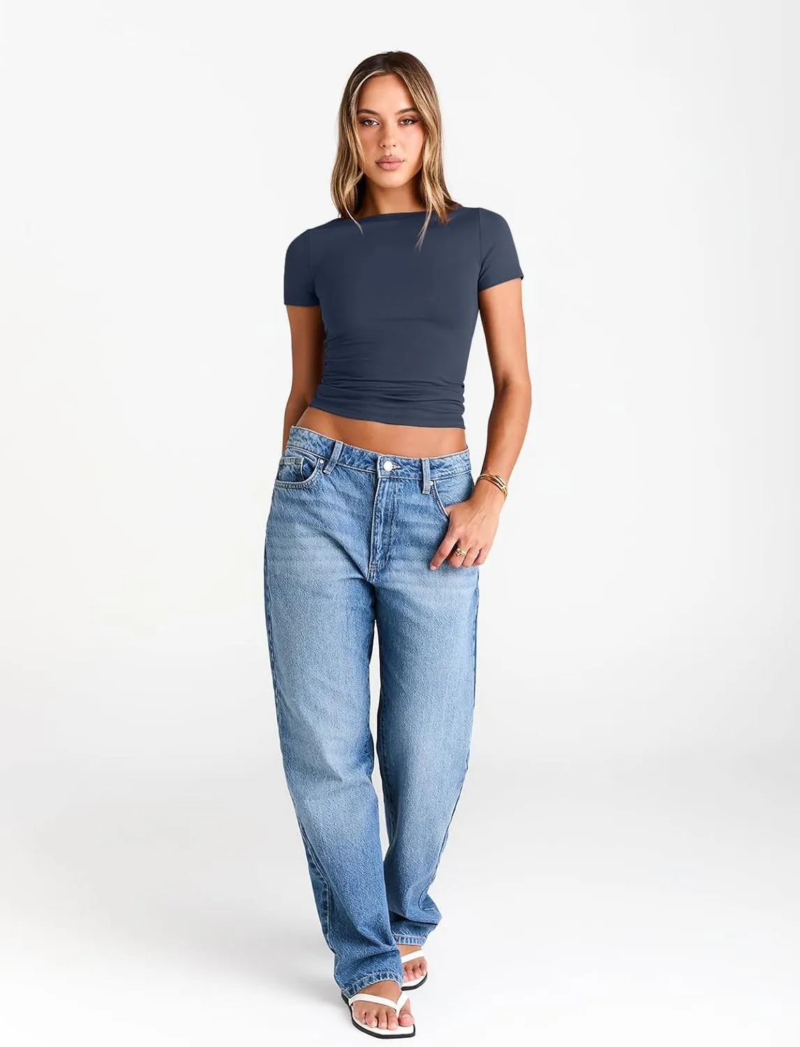 Trendy Queen Womens Boat Neck Tops Short Sleeve T-Shirts Slim Fitted Compression Summer Y2k Basic Clothes 2025