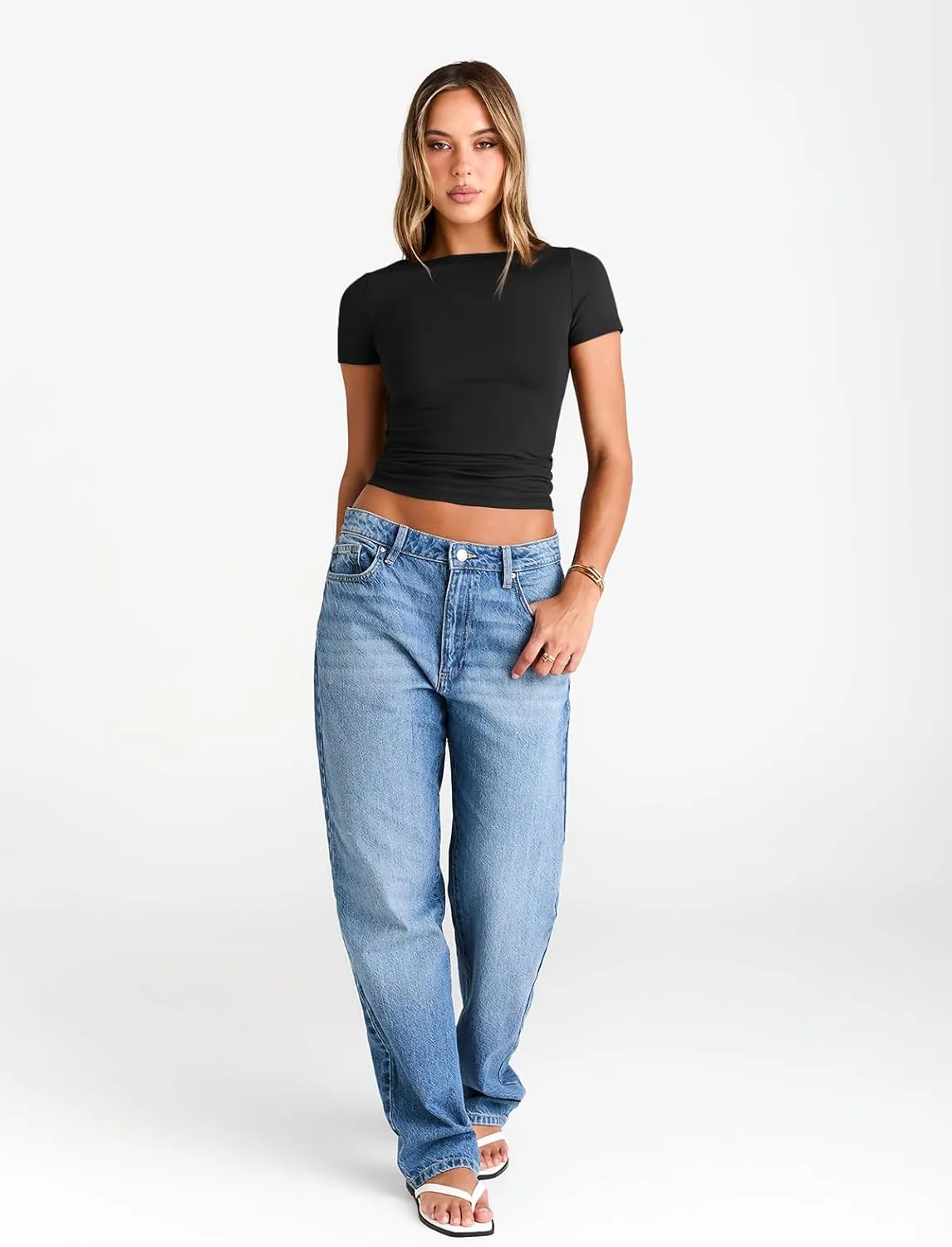 Trendy Queen Womens Boat Neck Tops Short Sleeve T-Shirts Slim Fitted Compression Summer Y2k Basic Clothes 2025