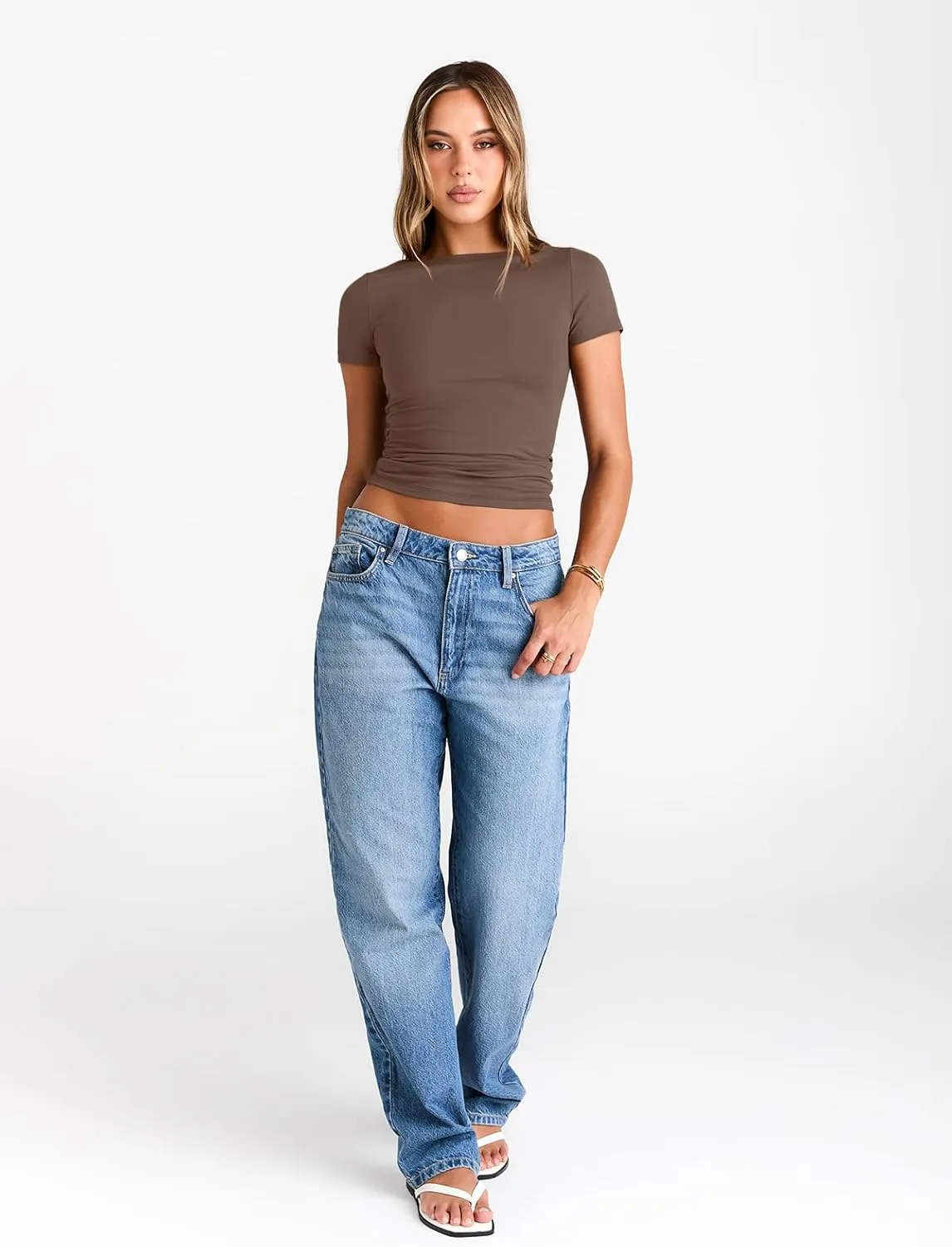 Trendy Queen Womens Boat Neck Tops Short Sleeve T-Shirts Slim Fitted Compression Summer Y2k Basic Clothes 2025