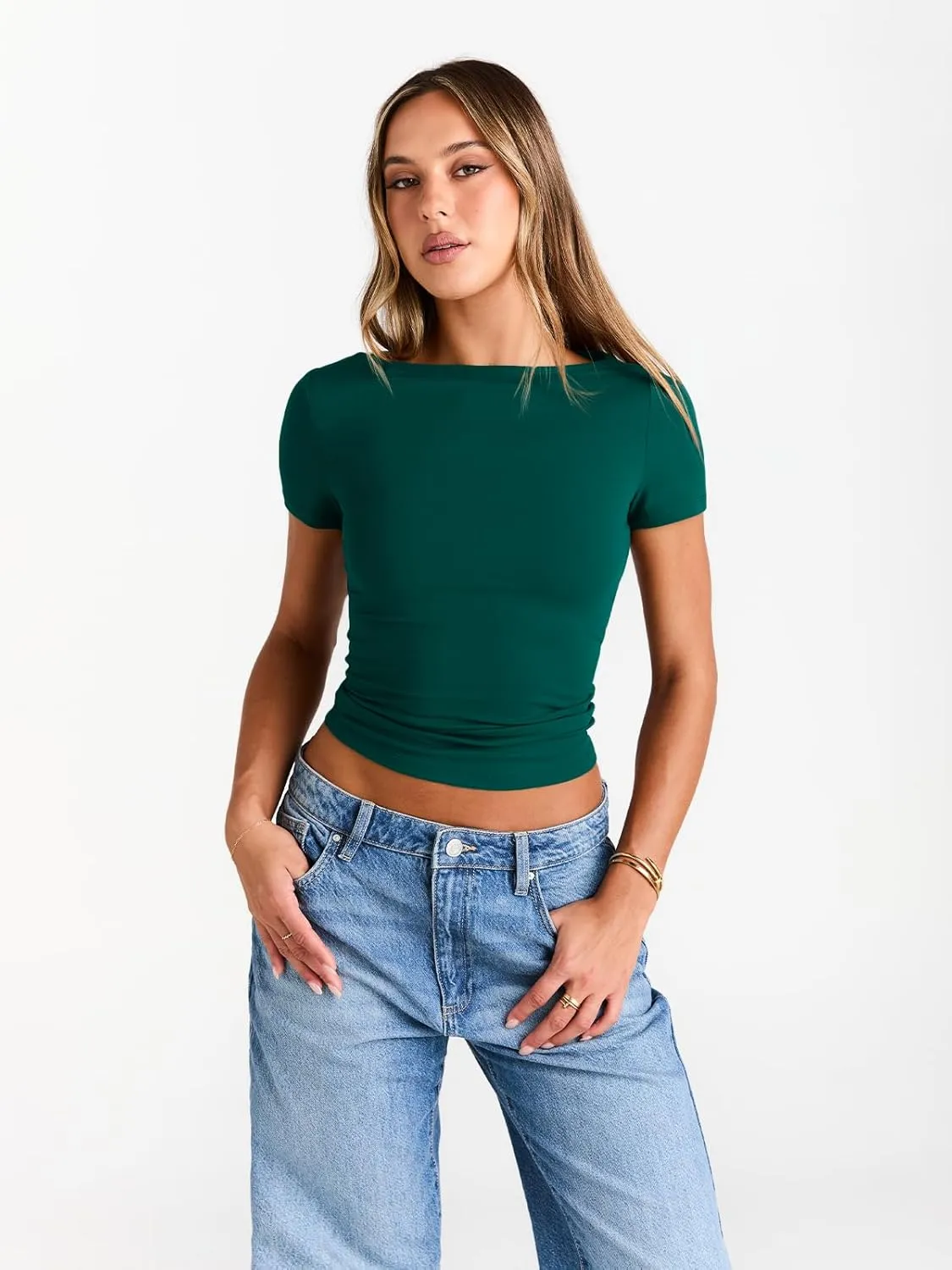 Trendy Queen Womens Boat Neck Tops Short Sleeve T-Shirts Slim Fitted Compression Summer Y2k Basic Clothes 2025