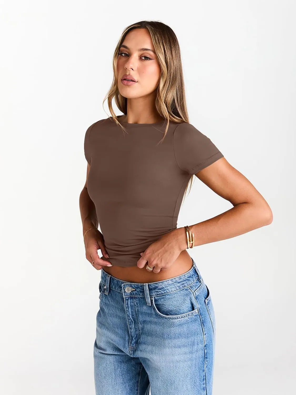 Trendy Queen Womens Boat Neck Tops Short Sleeve T-Shirts Slim Fitted Compression Summer Y2k Basic Clothes 2025