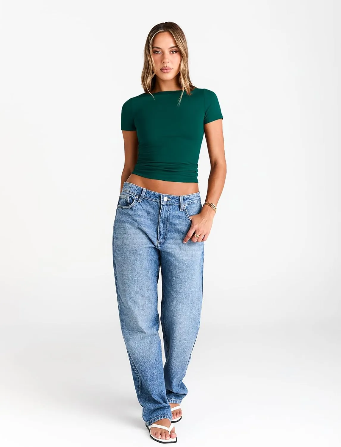 Trendy Queen Womens Boat Neck Tops Short Sleeve T-Shirts Slim Fitted Compression Summer Y2k Basic Clothes 2025