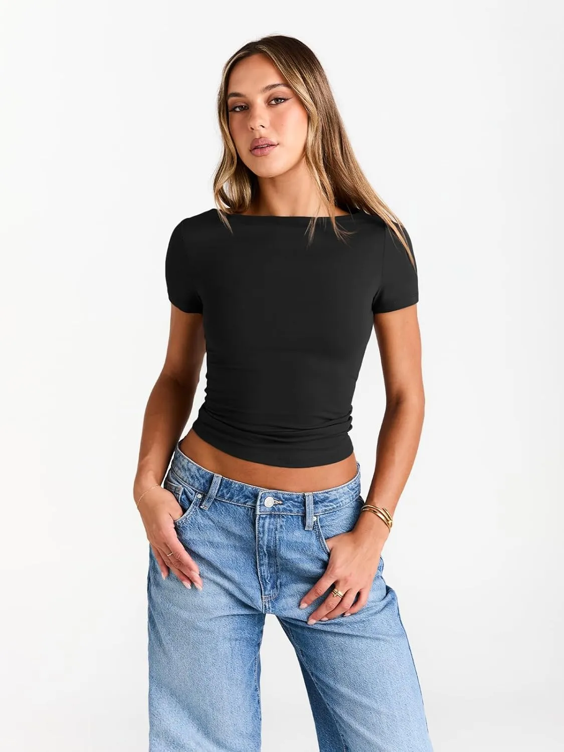 Trendy Queen Womens Boat Neck Tops Short Sleeve T-Shirts Slim Fitted Compression Summer Y2k Basic Clothes 2025