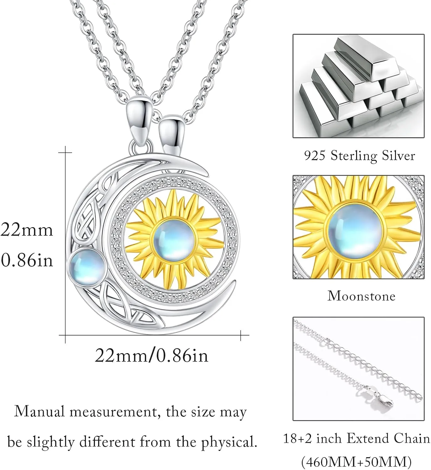 TUGHRA Valentines Day Matching Sun and Moon Necklaces for Couples - Sterling Silver Love Pendant Set Romantic Gift for Him & Her, Anniversary Jewelry Gifts Dainty Two-Piece Necklace Set