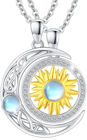 TUGHRA Valentines Day Matching Sun and Moon Necklaces for Couples - Sterling Silver Love Pendant Set Romantic Gift for Him & Her, Anniversary Jewelry Gifts Dainty Two-Piece Necklace Set