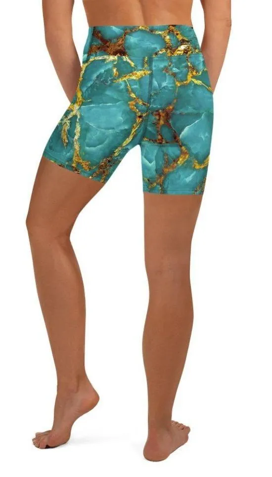 Turquoise & Gold Marble Yoga Shorts