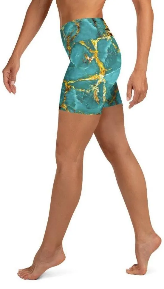 Turquoise & Gold Marble Yoga Shorts