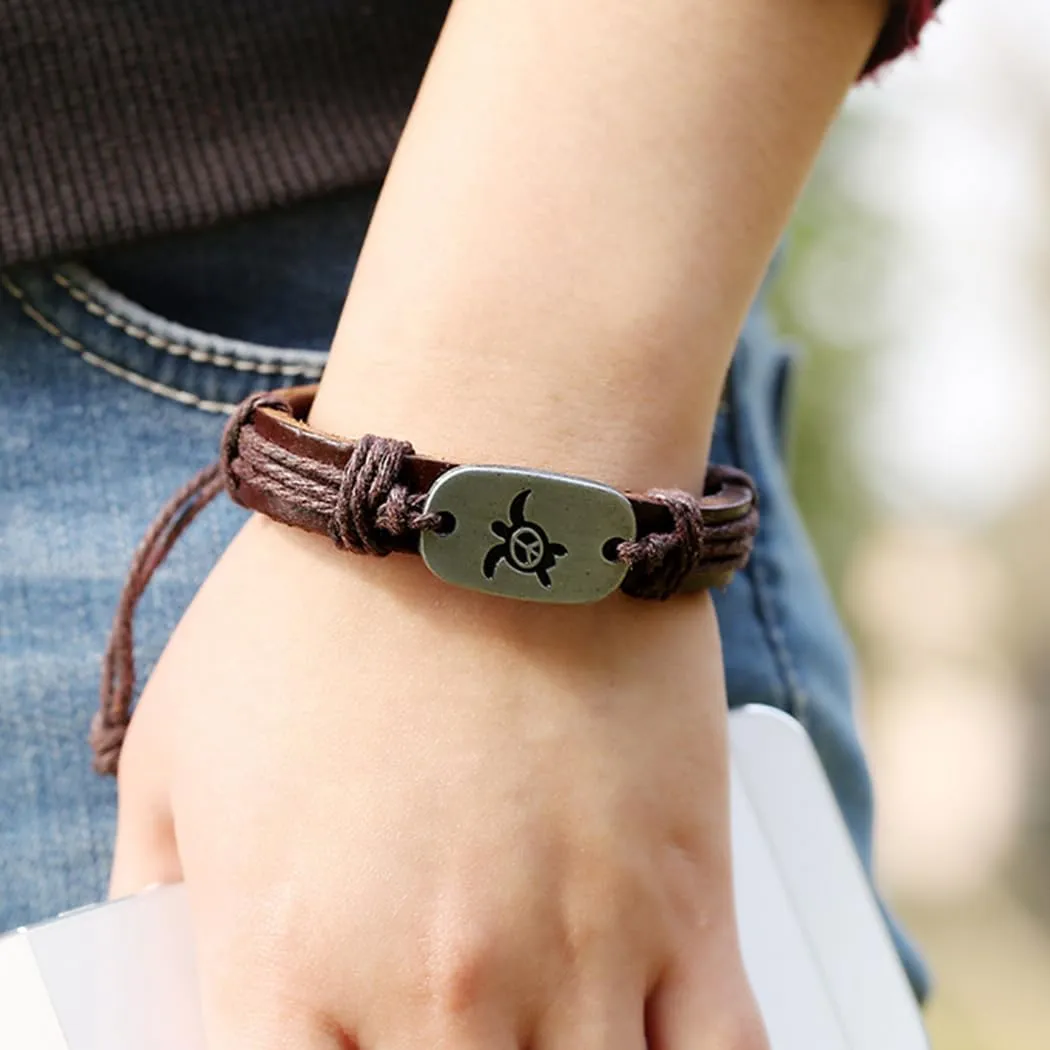 Turtle Leather Bracelets Sea Animal Bracelet Wrap Woven Bracelets Vintage Charm Wrist Jewelry for Women and Men
