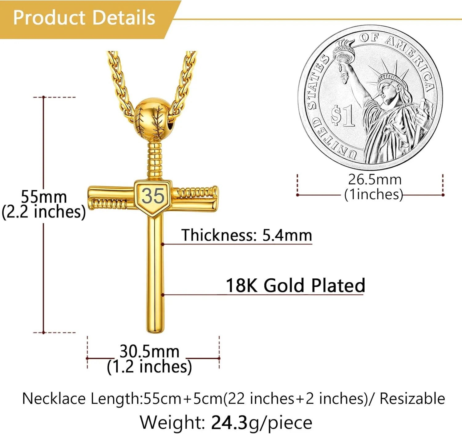 U7 Men Soccer/Football/Baseball Chain Stainless Steel 18K Gold Plated Cool Sport Pendant Running Shoe Necklaces, Baseball Cross Necklaces with 22 2" Chain Gift for Husband or Son