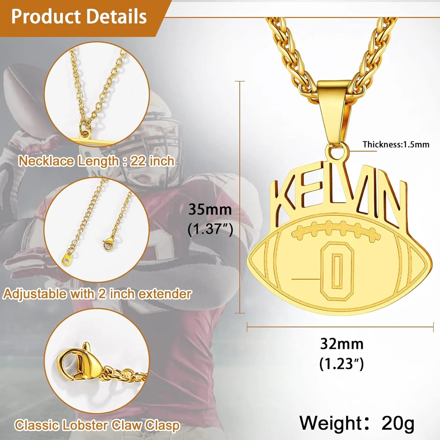 U7 Men Soccer/Football/Baseball Chain Stainless Steel 18K Gold Plated Cool Sport Pendant Running Shoe Necklaces, Baseball Cross Necklaces with 22 2" Chain Gift for Husband or Son