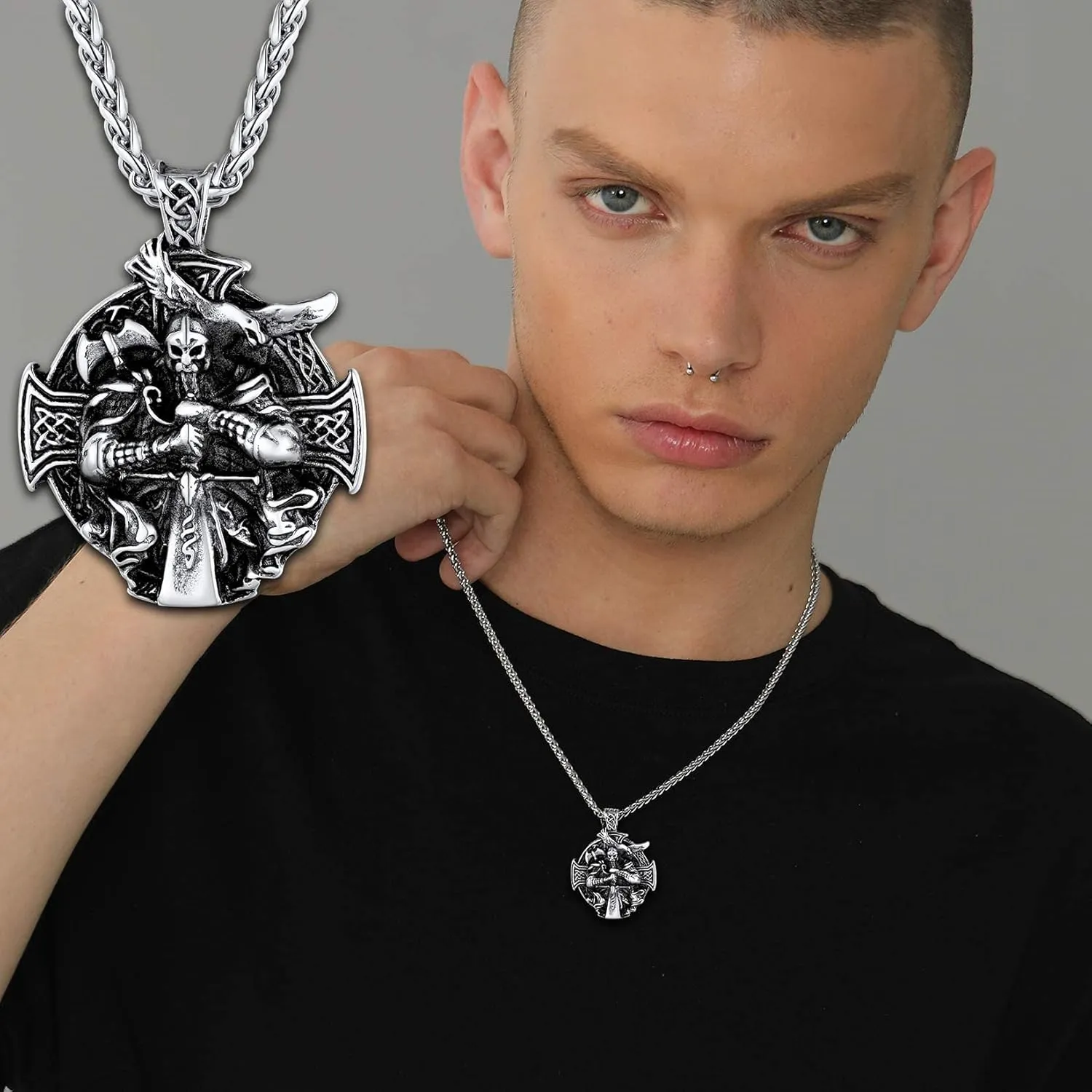 U7 Wiccan Necklace Pagan Pendant Men Women Stainless Steel/Black/18K Gold Plated Pentagram/Norse Viking/Raven Occult Necklaces