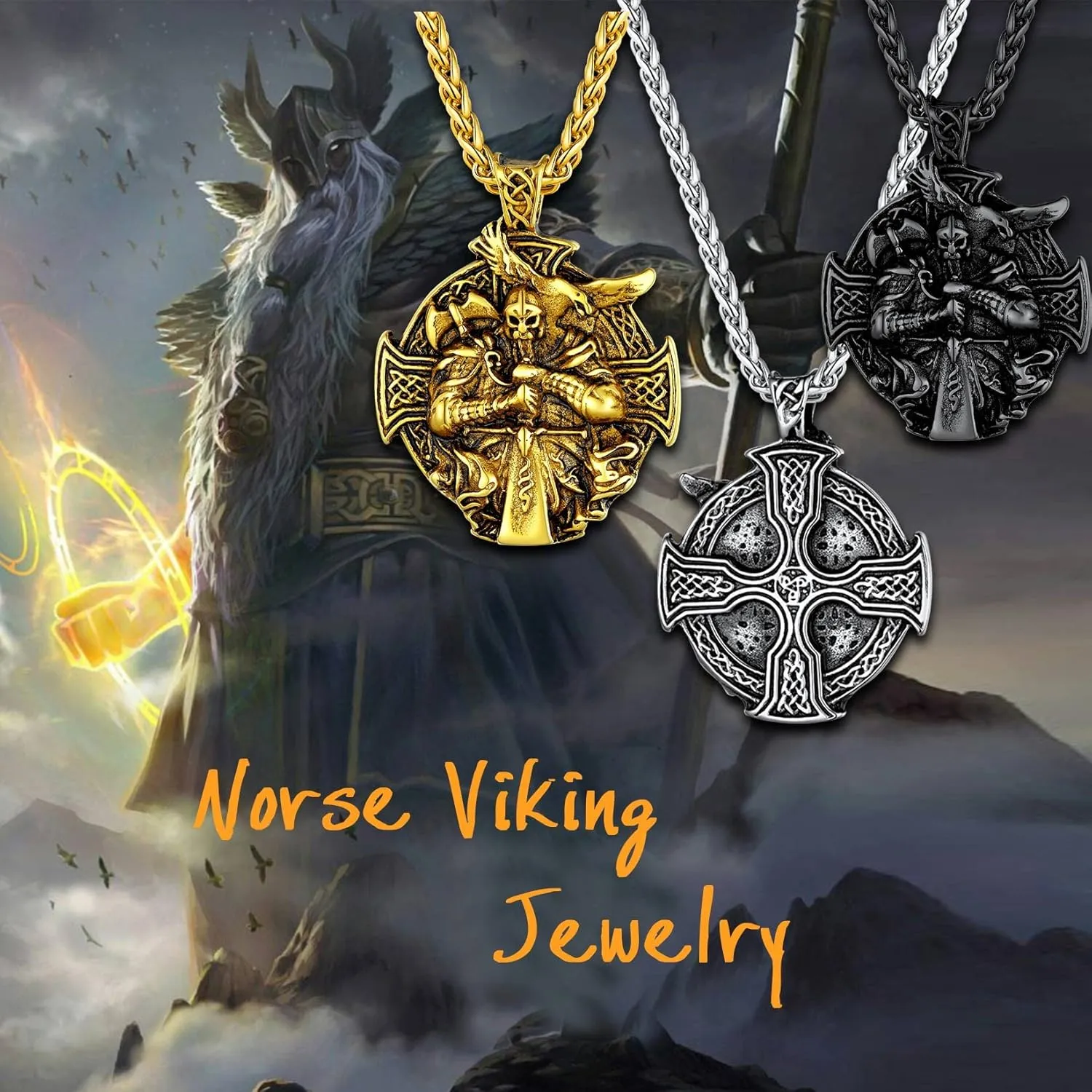 U7 Wiccan Necklace Pagan Pendant Men Women Stainless Steel/Black/18K Gold Plated Pentagram/Norse Viking/Raven Occult Necklaces