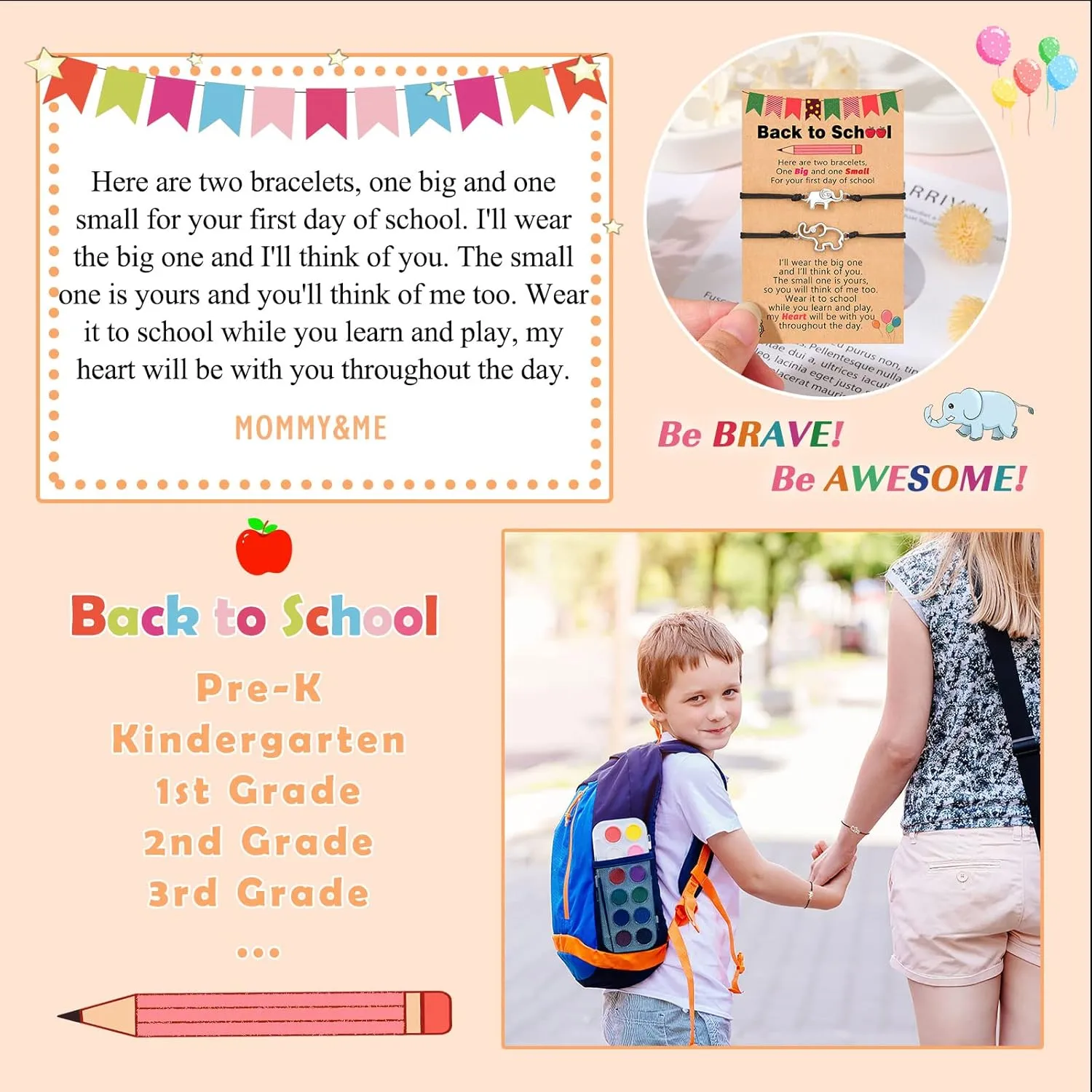 UPROMI First Day of School Bracelets Set for 2/3, Elephant Wish Bracelets for Mommy and Me