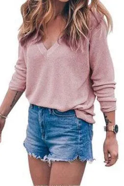 V-neck Pure Color Long Sleeves T-shirt