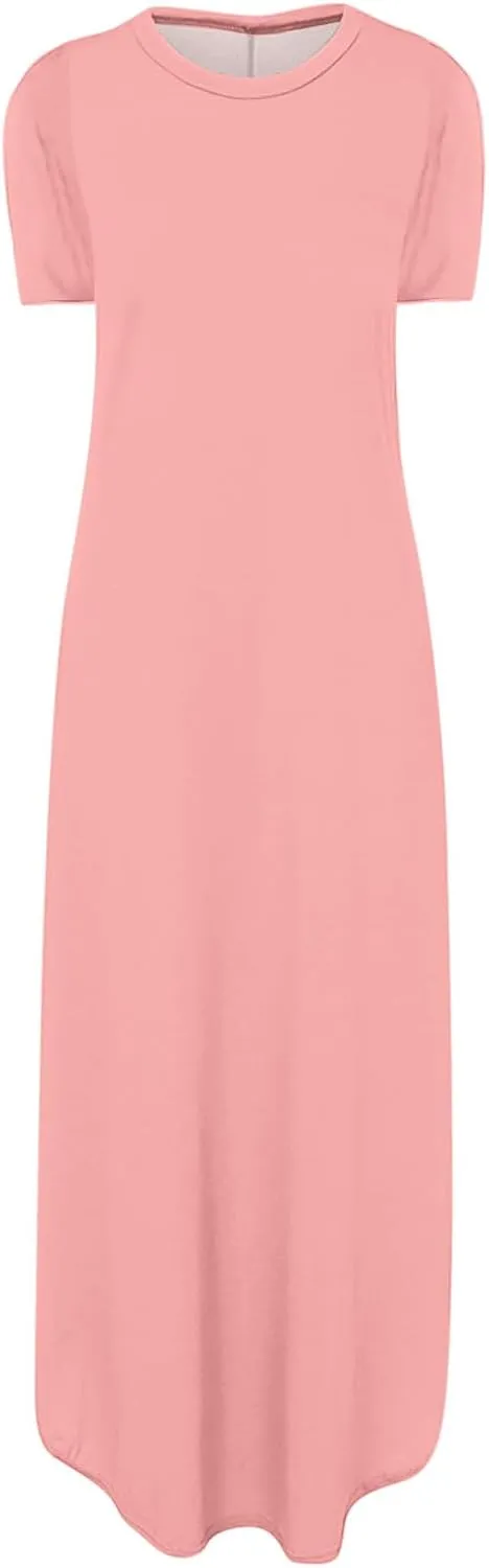 Vacation Dresses for Women 2024 Short Sleeve Maxi T-Shirts Dress Summer Loose Causal Beach Dress with Pockets