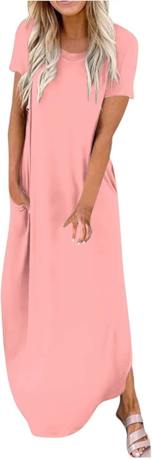 Vacation Dresses for Women 2024 Short Sleeve Maxi T-Shirts Dress Summer Loose Causal Beach Dress with Pockets