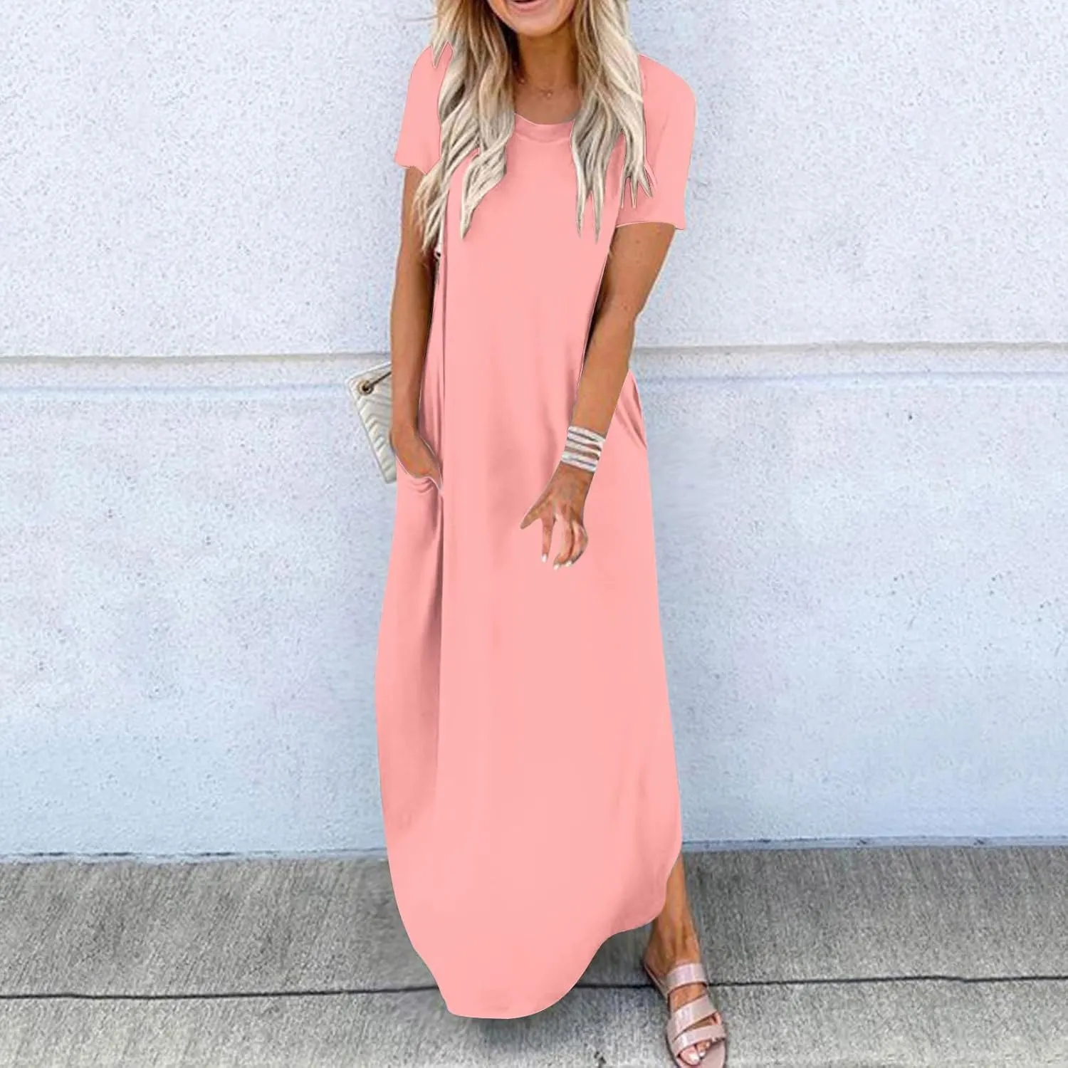 Vacation Dresses for Women 2024 Short Sleeve Maxi T-Shirts Dress Summer Loose Causal Beach Dress with Pockets