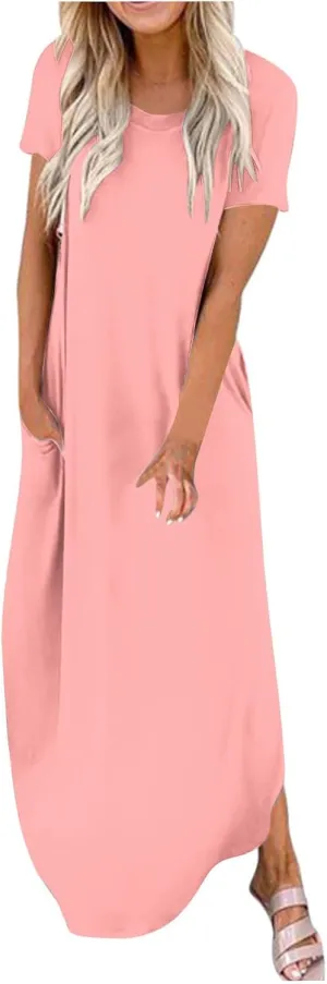 Vacation Dresses for Women 2024 Short Sleeve Maxi T-Shirts Dress Summer Loose Causal Beach Dress with Pockets