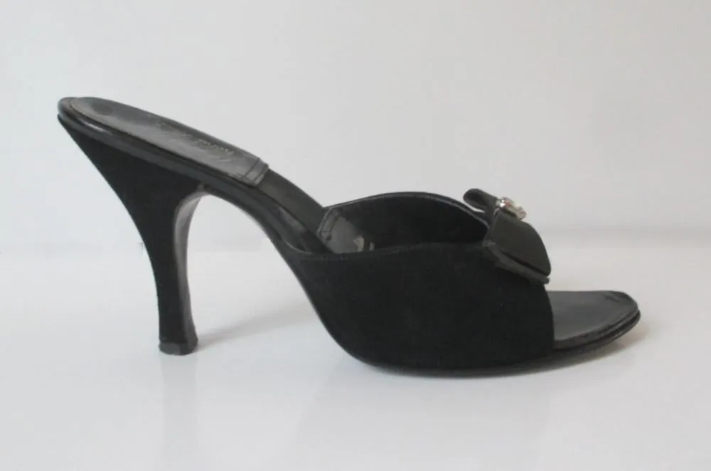 Vintage 50's Black Suede Satin Bow Springolator Heels Shoes 7.5 / 8