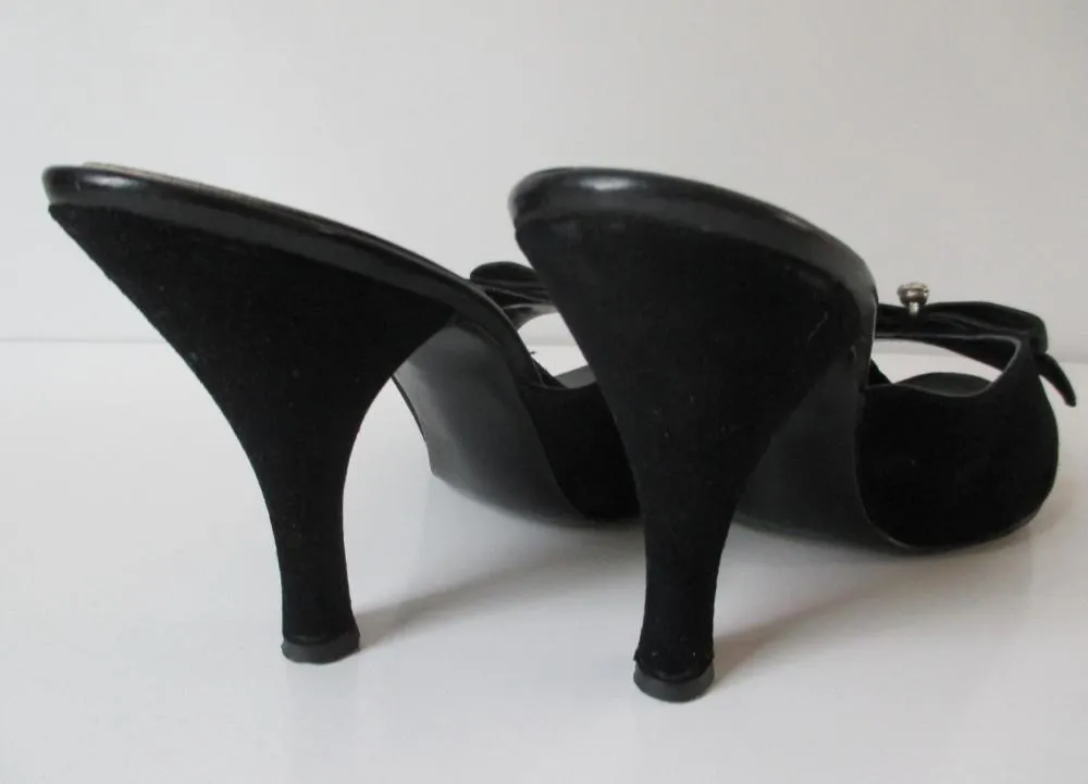 Vintage 50's Black Suede Satin Bow Springolator Heels Shoes 7.5 / 8