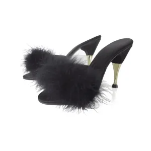 Vintage 90s Black Marabou Slipper Metal Heel Shoes 7