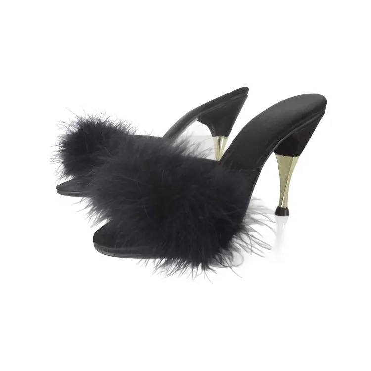 Vintage 90s Black Marabou Slipper Metal Heel Shoes 7