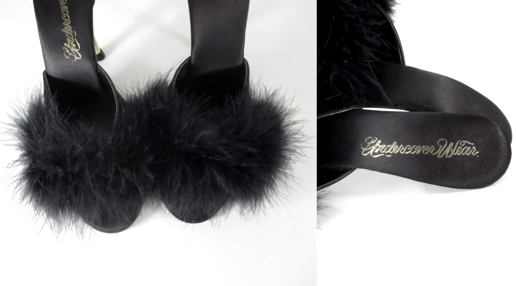 Vintage 90s Black Marabou Slipper Metal Heel Shoes 7