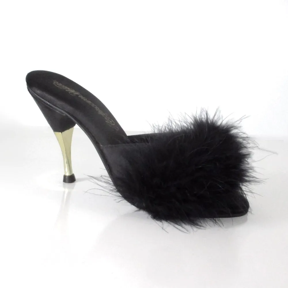 Vintage 90s Black Marabou Slipper Metal Heel Shoes 7